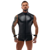Svenjoyment Body Jumpsuit With Restraints (Black) – Sleeveless Bondage Jumpsuit With Wrist Cuffs Mens Apparel