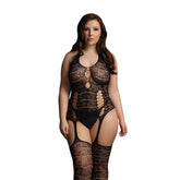 Le Desir Lace Suspender Bodystocking (Black) – Sheer Floral Pattern Lingerie Default Title > Clothes > Plus Size Lingerie