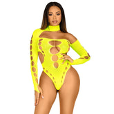 Leg Avenue Cut Out Bodysuit (Neon Yellow) – Seamless Asymmetrical Lingerie Bodysuit With Thong Default Title Teddies and Bodies