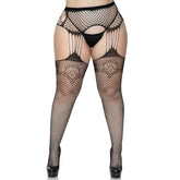 Leg Avenue Lace Top Net Suspender Tights (Plus Size) – Industrial Net Stockings with Duchess Lace and Attached Multistrand Garterbelt Lingerie Default Title > Clothes > Stockings