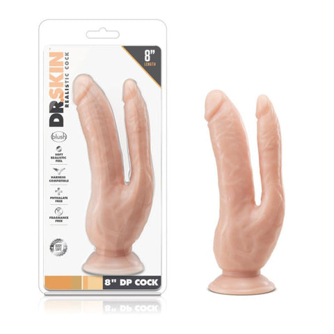 Dr Skin 8 Inch Double Penetration Cock with Suction Cup Base Beige Flesh Pink > Dildos > Double Dildos