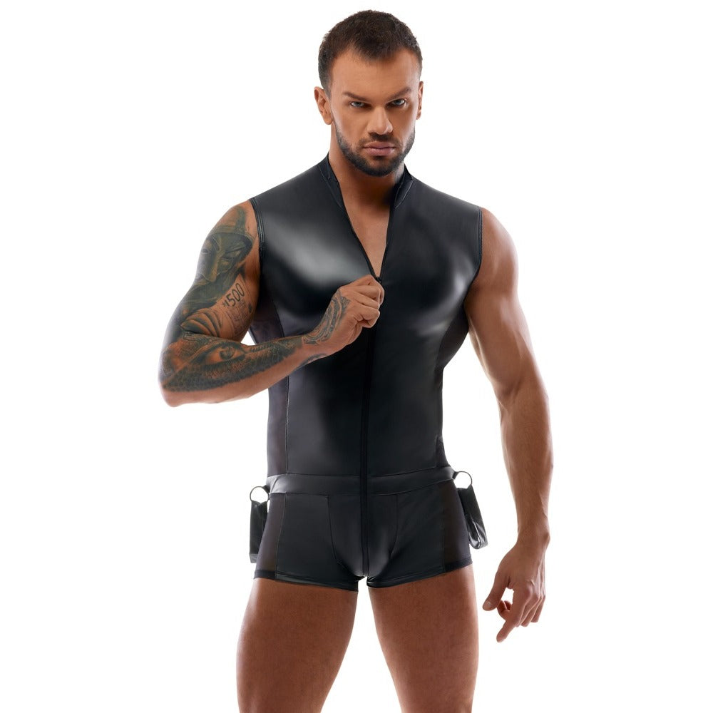Svenjoyment Body Jumpsuit With Restraints (Black) – Sleeveless Bondage Jumpsuit With Wrist Cuffs > Sexy Briefs > Male