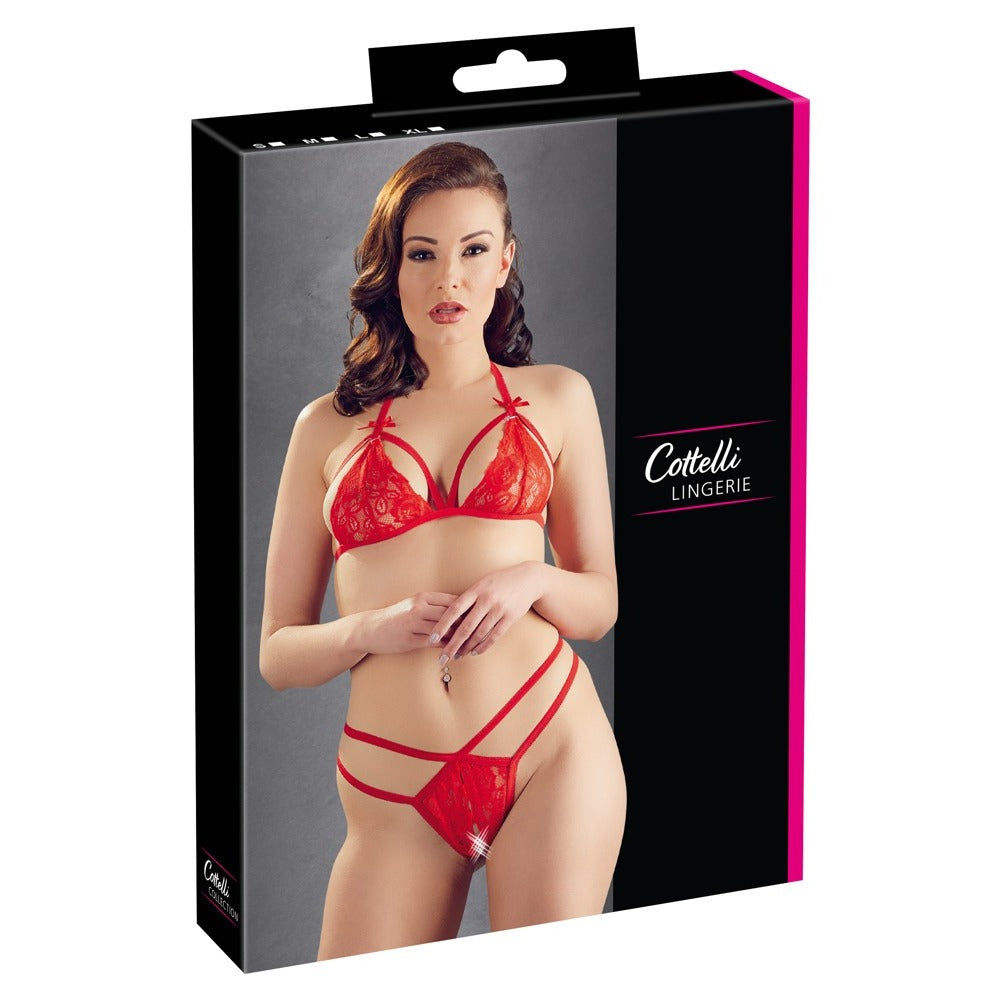 Cottelli Collection Lace Set (Red) – Bra and Crotchless String Lingerie > Clothes > Bra Sets
