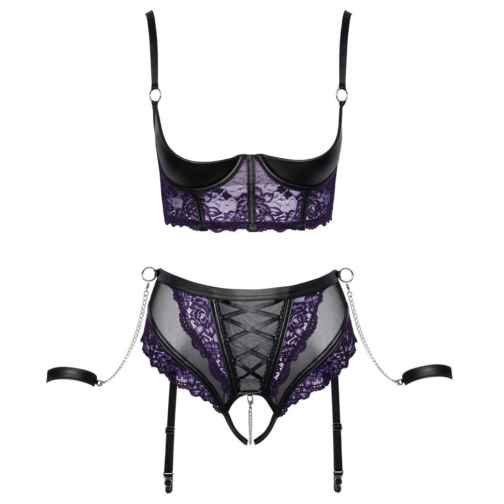 Cottelli Quarter Cup Bra, Suspender Briefs And 2 Handcuffs > Clothes > Bra Sets