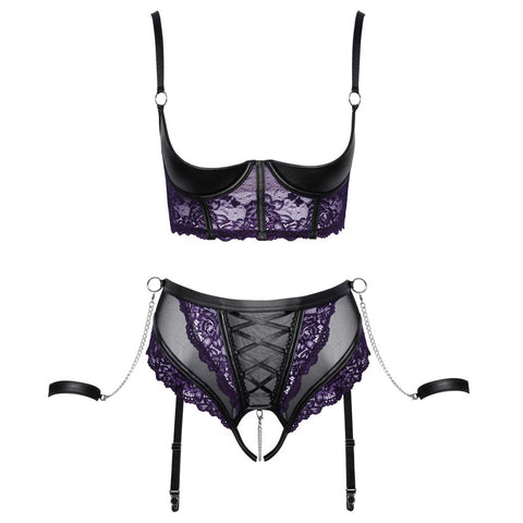 Cottelli Quarter Cup Bra, Suspender Briefs And 2 Handcuffs > Clothes > Bra Sets