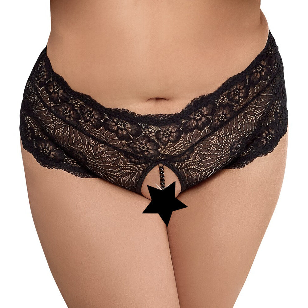 Cottelli Curves (Black) – Lace Crotchless Panties With Pearl Chain XXXXL > Sexy Briefs > Female