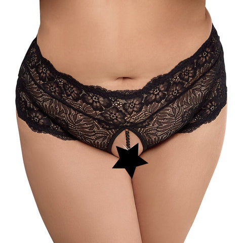 Cottelli Curves (Black) – Lace Crotchless Panties With Pearl Chain XXXXL > Sexy Briefs > Female