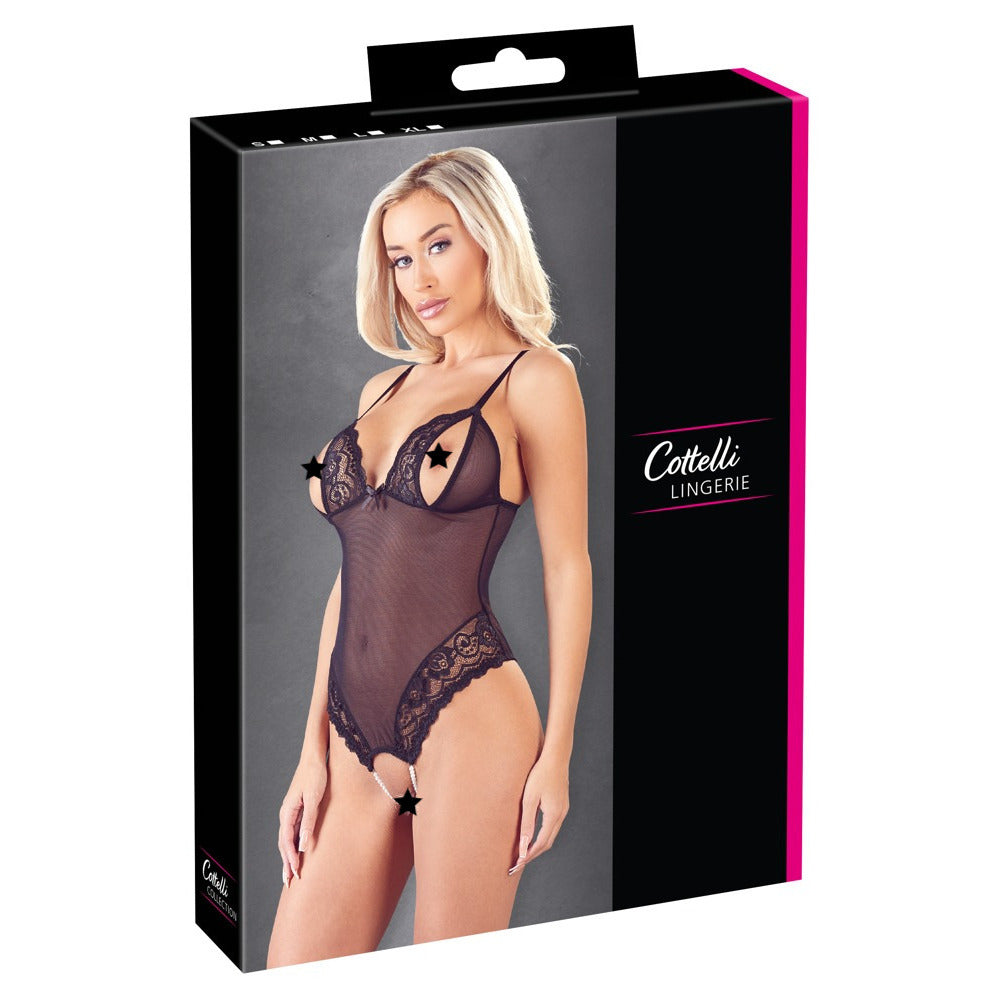 Cottelli Peek a Boo Body (Black) – Semi-Transparent Crotchless Lingerie > Clothes > Bodies and Playsuits