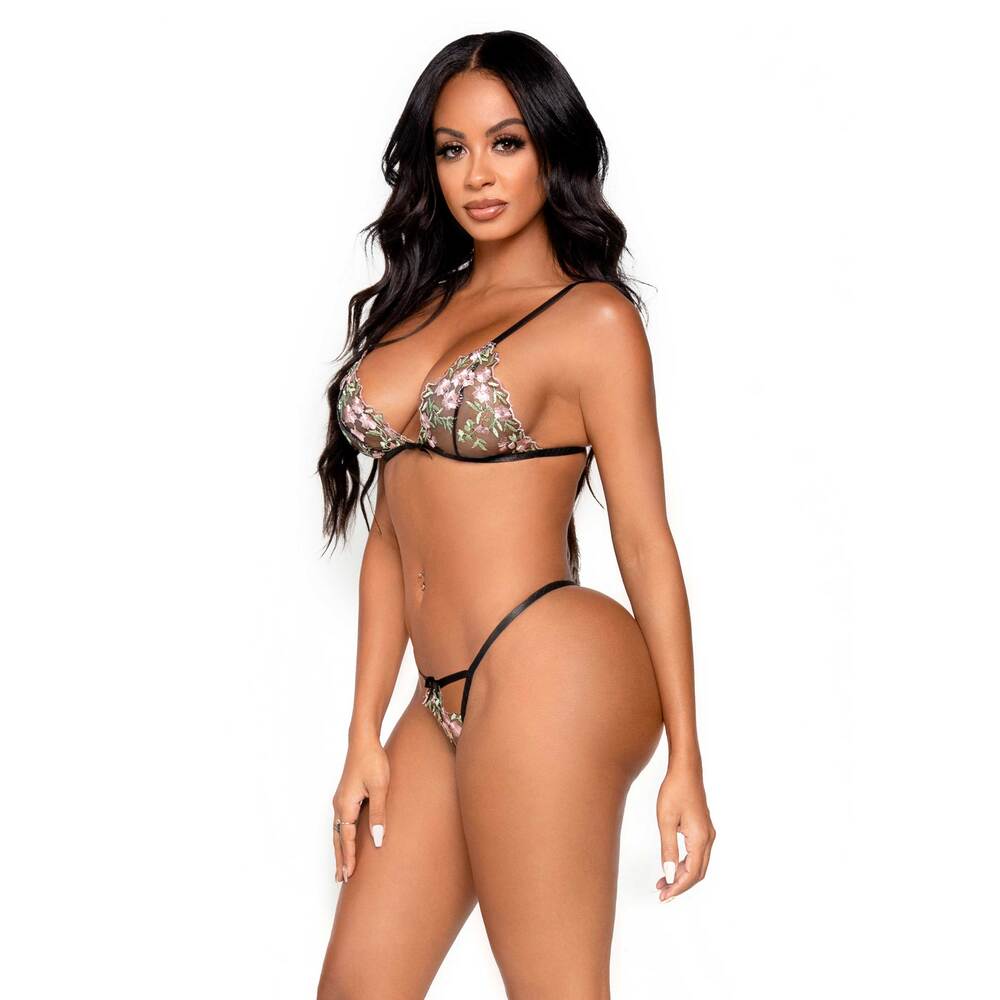 Leg Avenue Floral Sheer Bra and GString Black > Clothes > Bra Sets