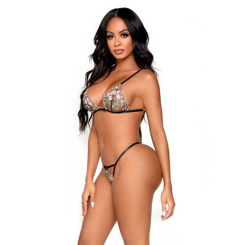 Leg Avenue Floral Sheer Bra and GString Black > Clothes > Bra Sets