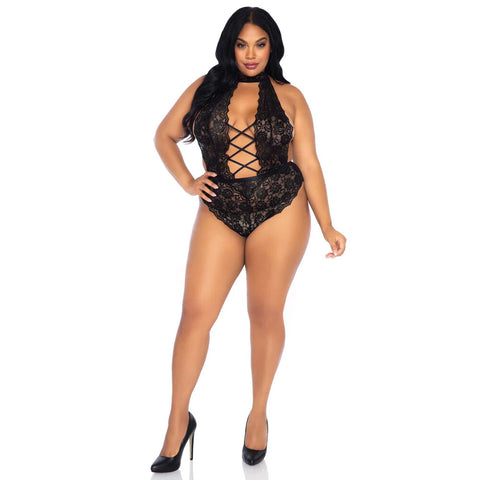Leg Avenue Floral Lace Crotchless Teddy Black UK 14 to 18 Default Title > Clothes > Plus Size Lingerie