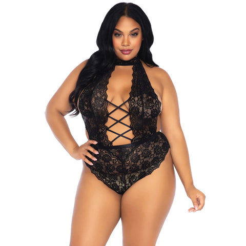 Leg Avenue Floral Lace Crotchless Teddy Black UK 14 to 18 > Clothes > Plus Size Lingerie