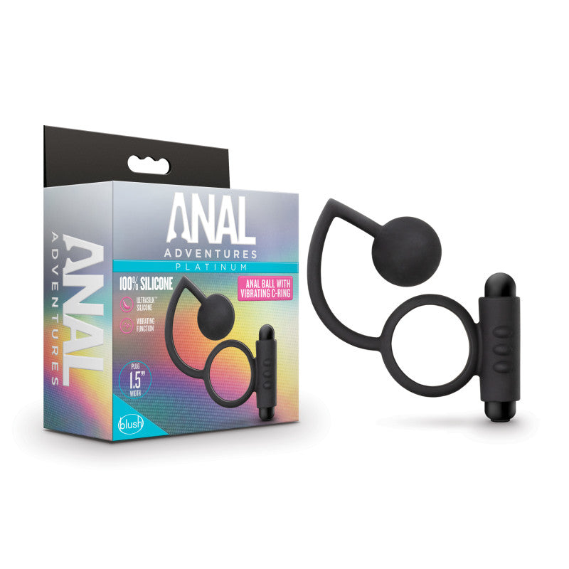 Anal Adventures Platinum Vibrating C-Ring with 3.8 cm Anal Ball Black Cock Rings Vibrating