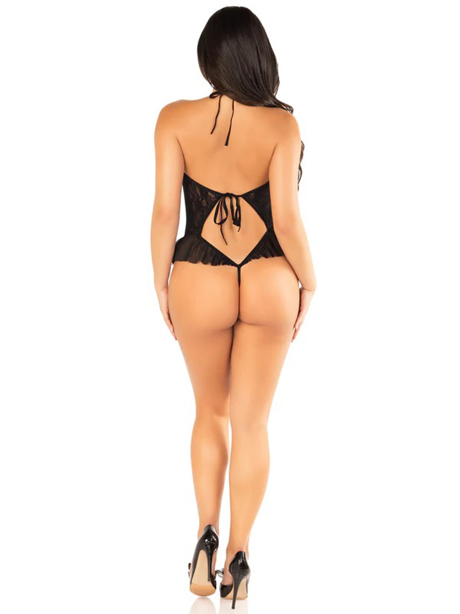 Black Floral Lace Halter Bodysuit with Mini Bow and Flutter Bodystockings