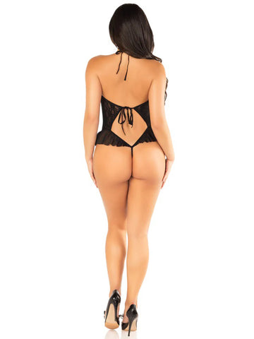 Black Floral Lace Halter Bodysuit with Mini Bow and Flutter Bodystockings