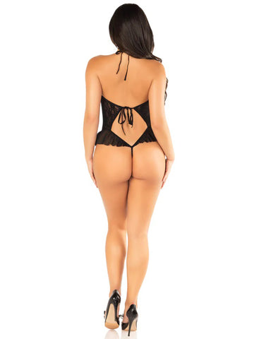 Black Floral Lace Halter Bodysuit with Mini Bow and Flutter Bodystockings