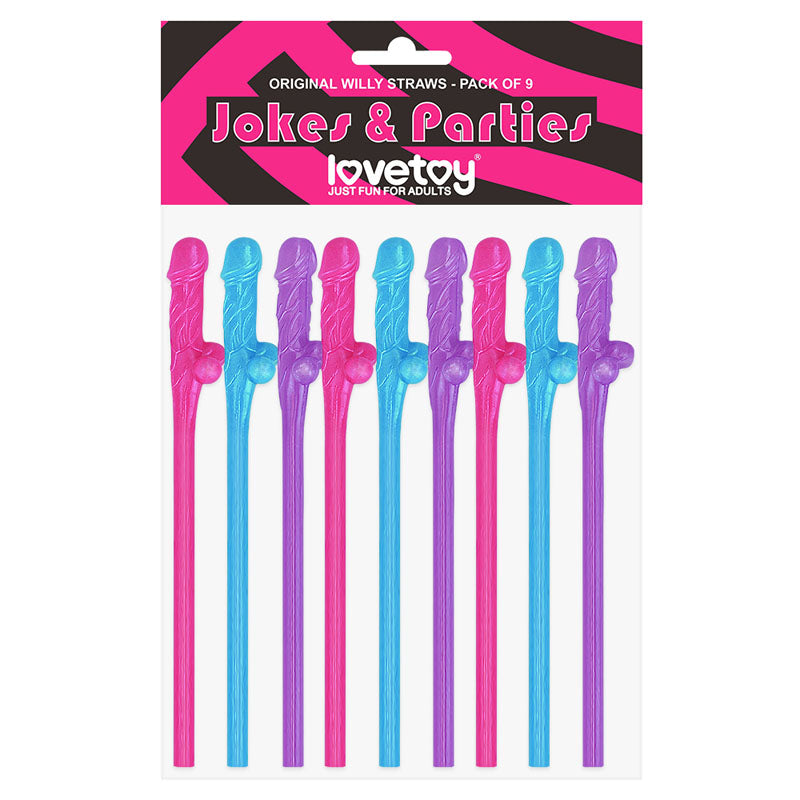 Lovetoy Pack of 9 Willy Straws (Blue, Pink, and Purple) – Novelty Party Straws Default Title > Novelties > Bachelor & Bachelorette Items