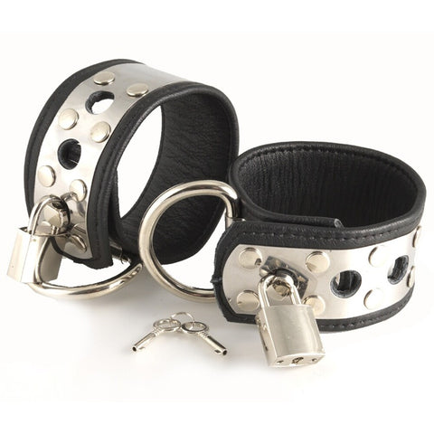 Leather Wrist Cuffs With Metal And Padlocks Default Title > Bondage Gear > Handcuffs