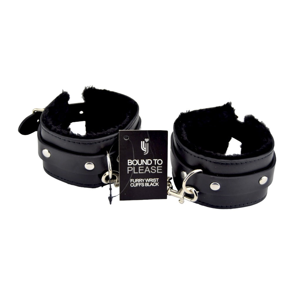 Bound to Please Furry Plush Wrist Cuffs (Black) – Plush Wrist Cuffs Restraints