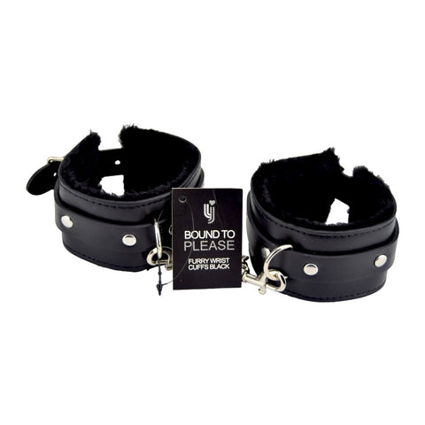 Bound to Please Furry Plush Wrist Cuffs (Black) – Plush Wrist Cuffs Restraints