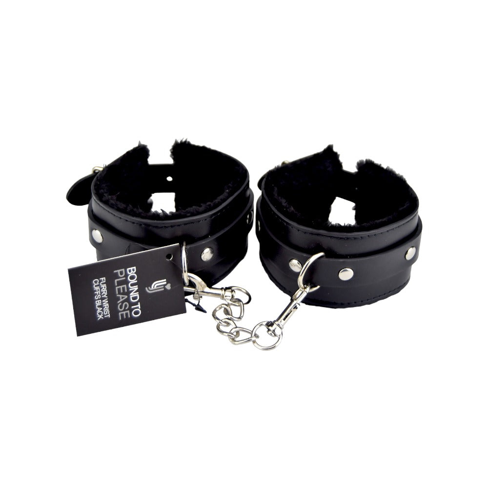 Bound to Please Furry Plush Wrist Cuffs (Black) – Plush Wrist Cuffs Restraints