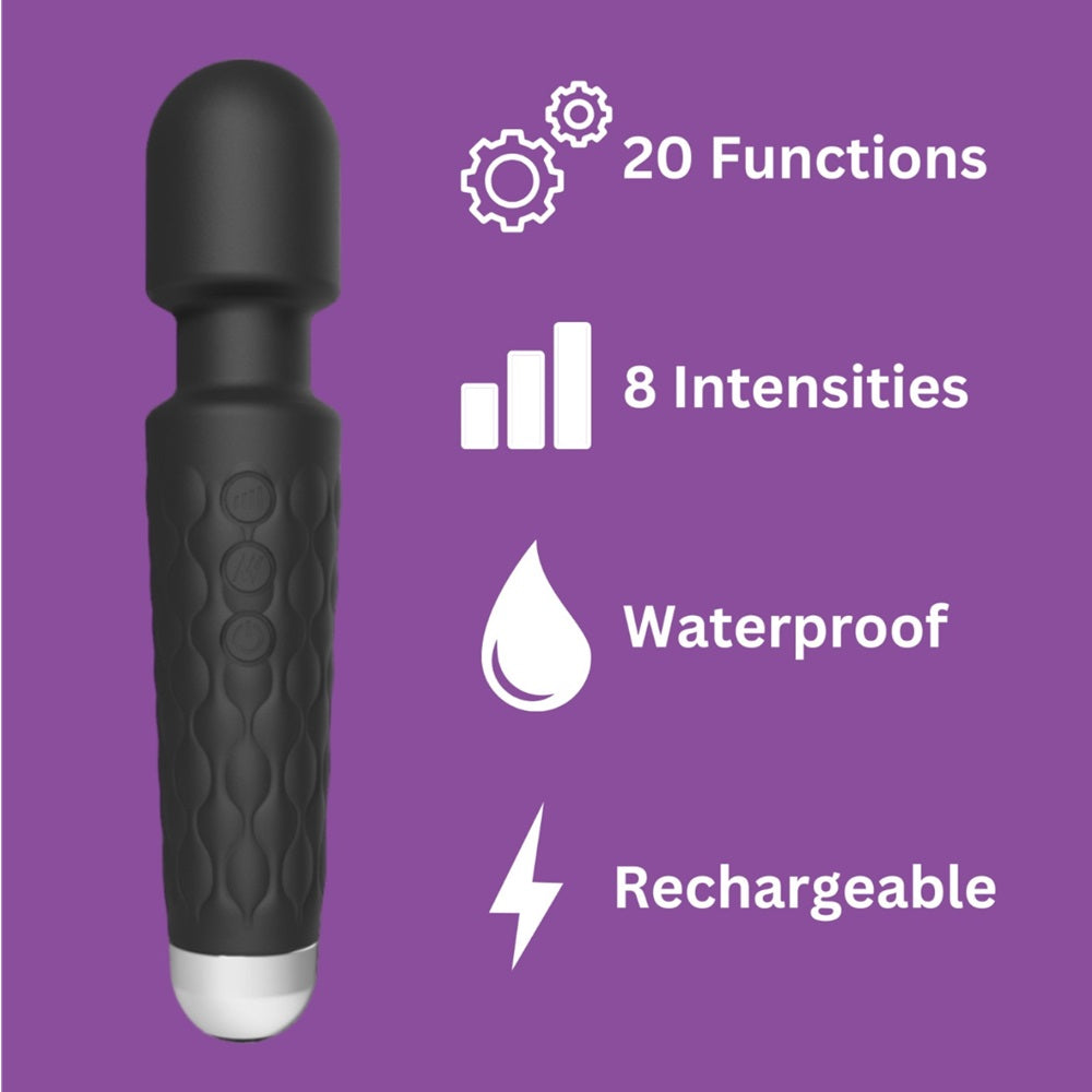 Loving Joy 20 Function Wand Vibrator (Black) – Waterproof USB Rechargeable Wand Vibrator 8 Inch Length Electric Massager
