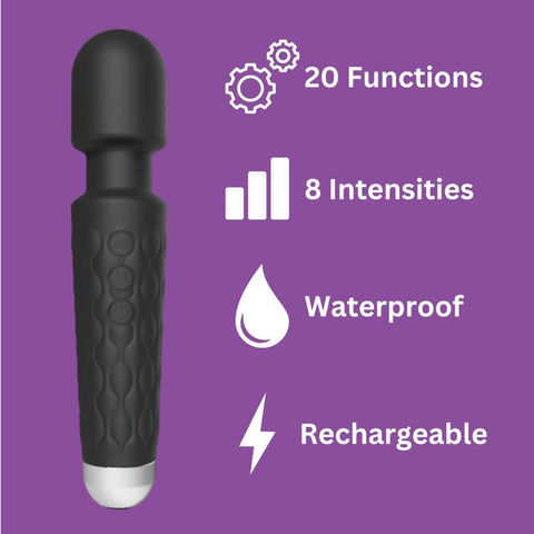 Loving Joy 20 Function Wand Vibrator (Black) – Waterproof USB Rechargeable Wand Vibrator 8 Inch Length Electric Massager