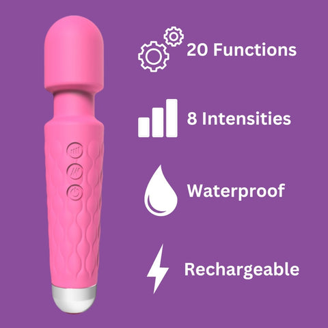 Loving Joy 20 Function Wand Vibrator (Pink) – Waterproof Rechargeable Wand Vibrator 8 Inches Electric Massager