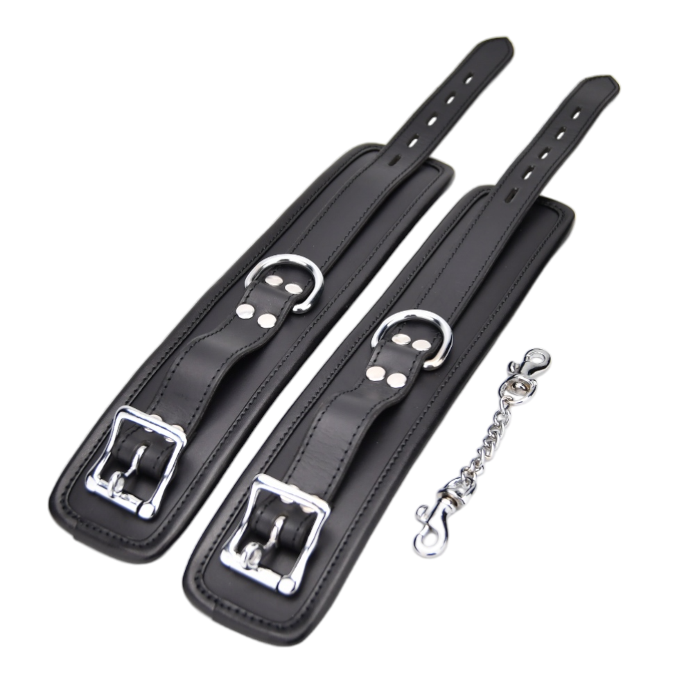 Bound Leather Wrist Restraints (Black) – Adjustable Padded Leather Restraints Secondary image