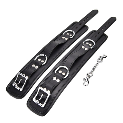BOUND Leather Ankle Restraints – Adjustable Padded Leather Restraints with Silver Trims and Detachable Chain Restraints
