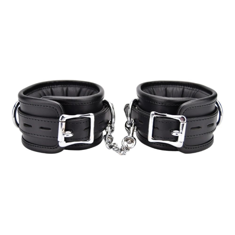 BOUND Leather Ankle Restraints – Adjustable Padded Leather Restraints with Silver Trims and Detachable Chain Restraints