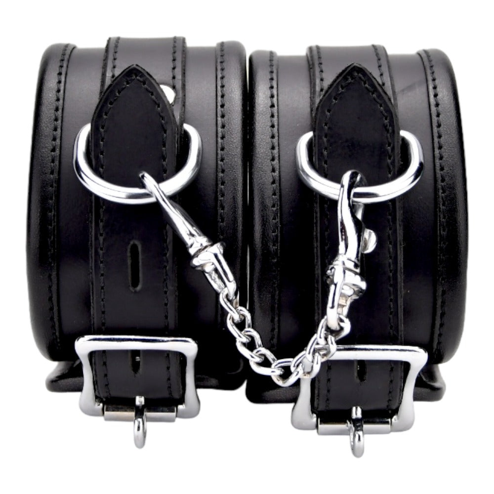 BOUND Leather Ankle Restraints – Adjustable Padded Leather Restraints with Silver Trims and Detachable Chain Restraints