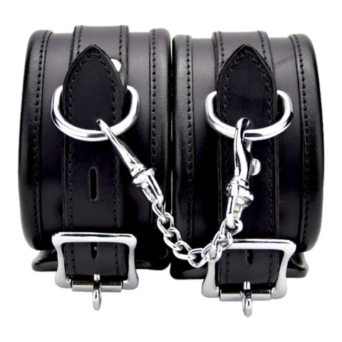 BOUND Leather Ankle Restraints – Adjustable Padded Leather Restraints with Silver Trims and Detachable Chain Restraints