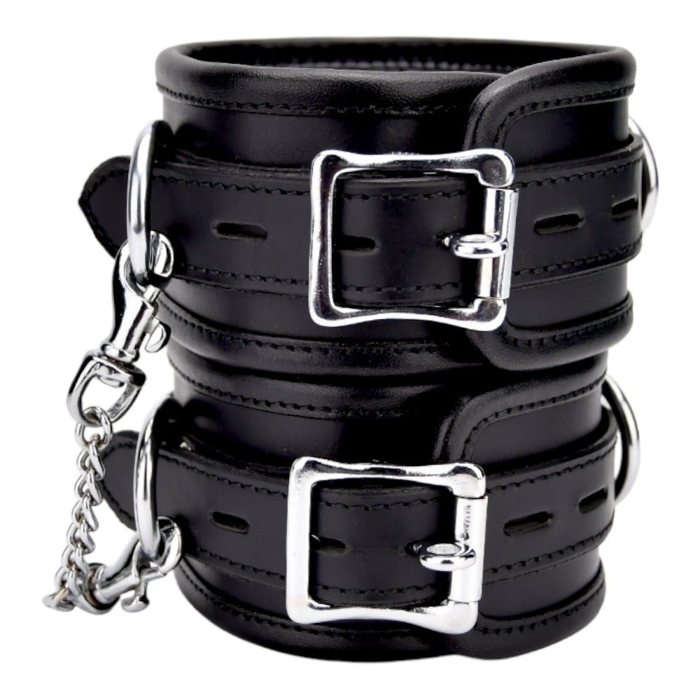 BOUND Leather Ankle Restraints – Adjustable Padded Leather Restraints with Silver Trims and Detachable Chain Restraints
