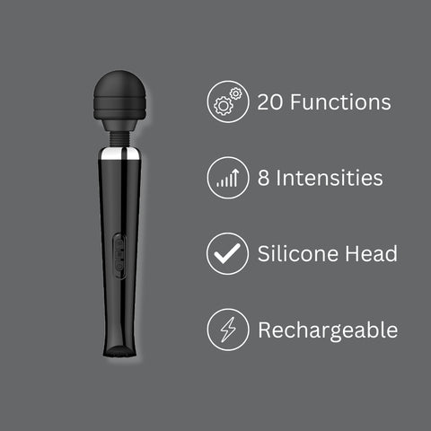 Loving Joy Rechargeable Magic Wand Vibrator (Black) – 20 Mode Rechargeable Vibrator Electric Massager