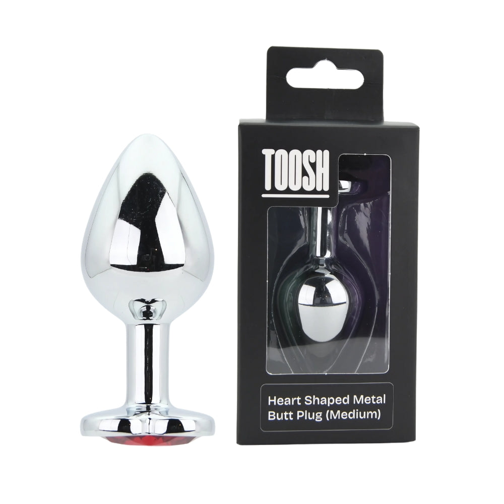 Toosh Heart Shaped Medium Silver Butt Plug with Red Stone Jewel (2.75 inch insertable) > Anal Range > Jewel Butt Plugs