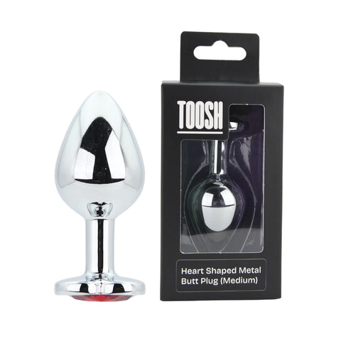 Toosh Heart Shaped Silver with Red Stone Medium – Medium Silicone Butt Plug > Anal Range > Jewel Butt Plugs