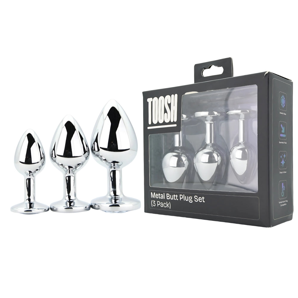 Toosh Metal Butt Plug Set (Silver) – Small, Medium, Large Jewelled Base Butt Plug Set > Anal Range > Jewel Butt Plugs
