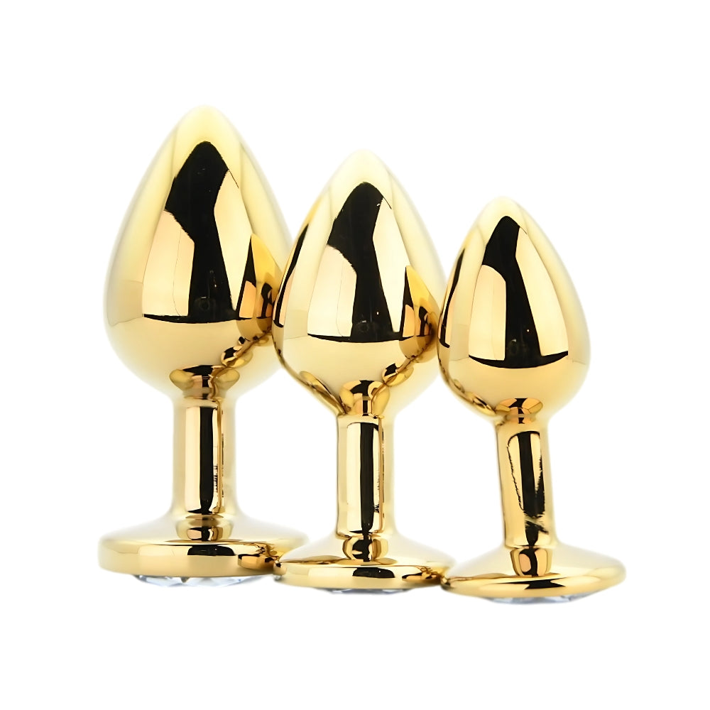 Toosh Metal Butt Plug Set of 3 (Gold) – Small 2.8", Medium 3.2", Large 3.75" Jewelled Base Smooth Surface Butt Plug Set > Anal Range > Jewel Butt Plugs