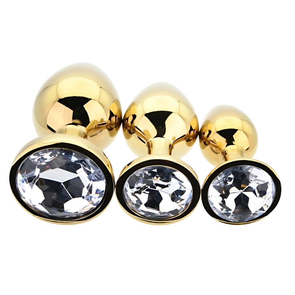Toosh Metal Butt Plug Set of 3 (Gold) – Small 2.8", Medium 3.2", Large 3.75" Jewelled Base Smooth Surface Butt Plug Set > Anal Range > Jewel Butt Plugs