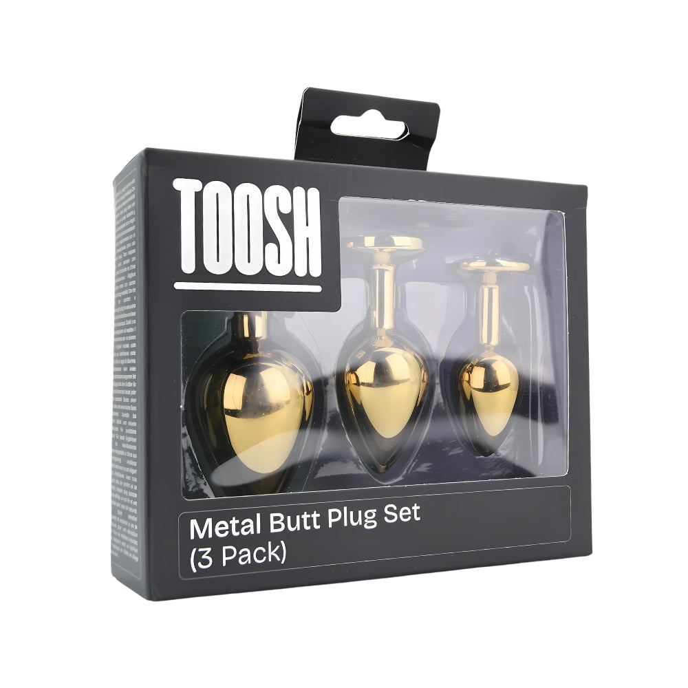 Toosh Metal Butt Plug Set of 3 (Gold) – Small 2.8", Medium 3.2", Large 3.75" Jewelled Base Smooth Surface Butt Plug Set > Anal Range > Jewel Butt Plugs