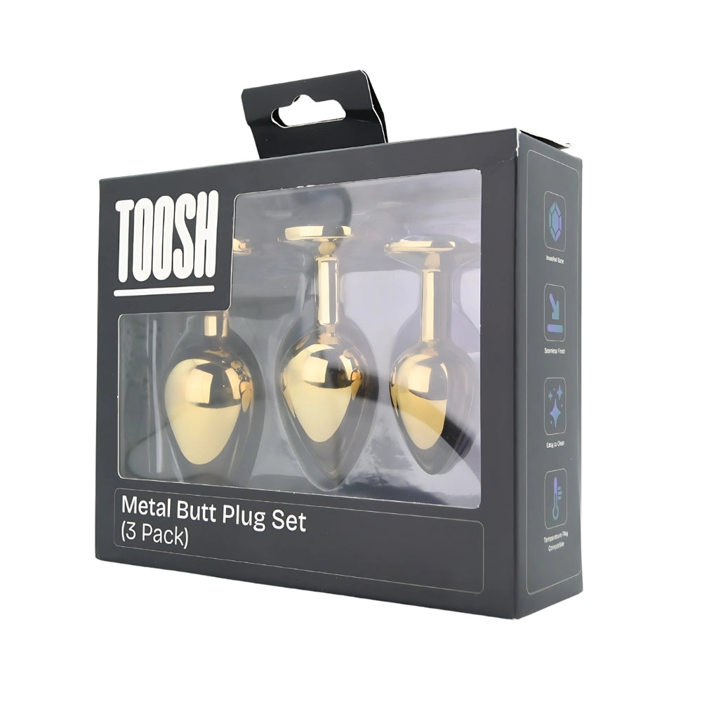 Toosh Metal Butt Plug Set of 3 (Gold) – Small 2.8", Medium 3.2", Large 3.75" Jewelled Base Smooth Surface Butt Plug Set > Anal Range > Jewel Butt Plugs