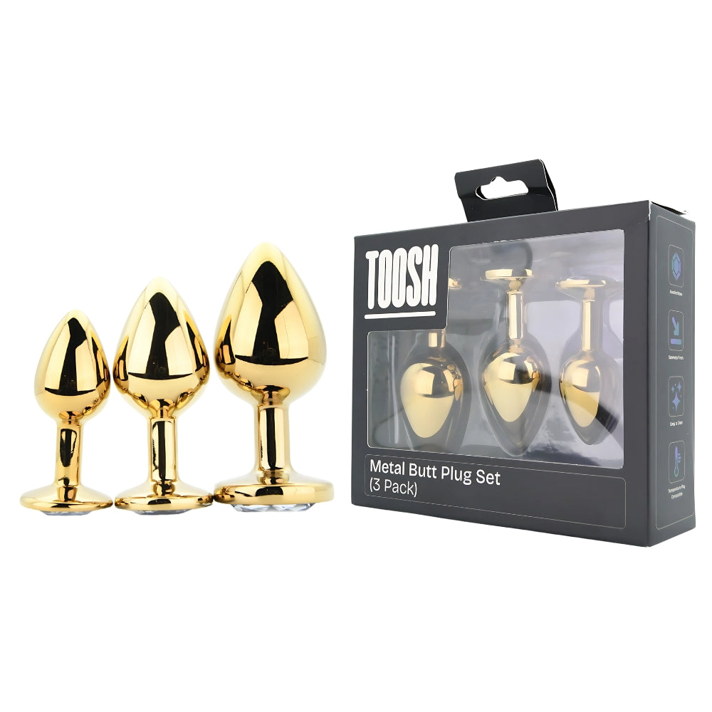 Toosh Metal Butt Plug Set of 3 (Gold) – Small 2.8", Medium 3.2", Large 3.75" Jewelled Base Smooth Surface Butt Plug Set > Anal Range > Jewel Butt Plugs