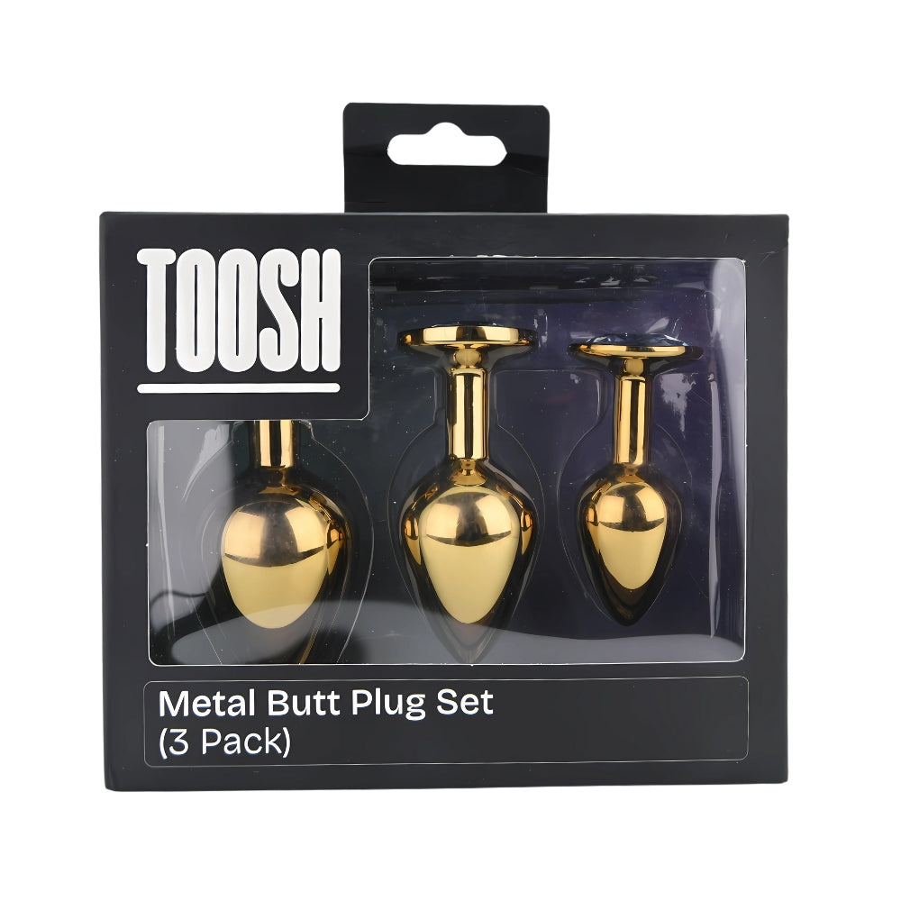 Toosh Metal Butt Plug Set of 3 (Gold) – Small 2.8", Medium 3.2", Large 3.75" Jewelled Base Smooth Surface Butt Plug Set > Anal Range > Jewel Butt Plugs