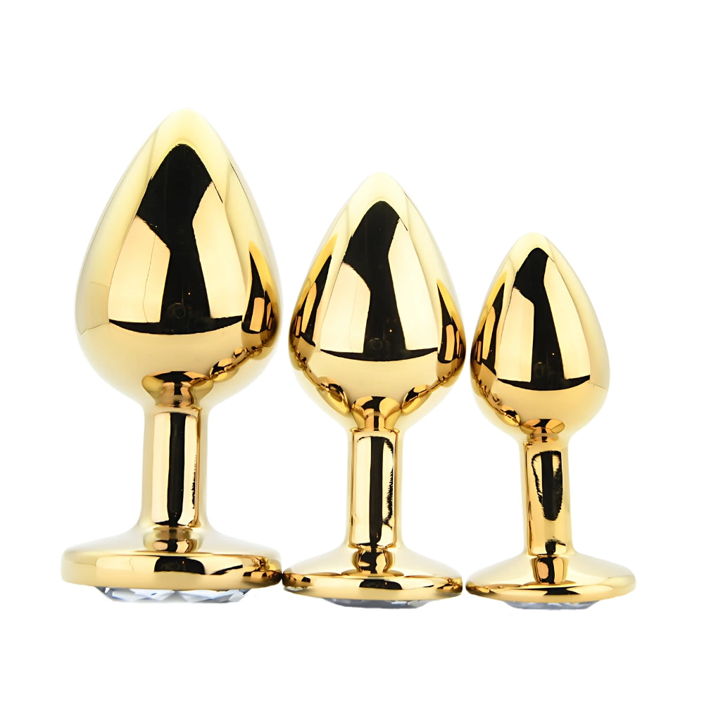 Toosh Metal Butt Plug Set of 3 (Gold) – Small 2.8", Medium 3.2", Large 3.75" Jewelled Base Smooth Surface Butt Plug Set Default Title > Anal Range > Jewel Butt Plugs