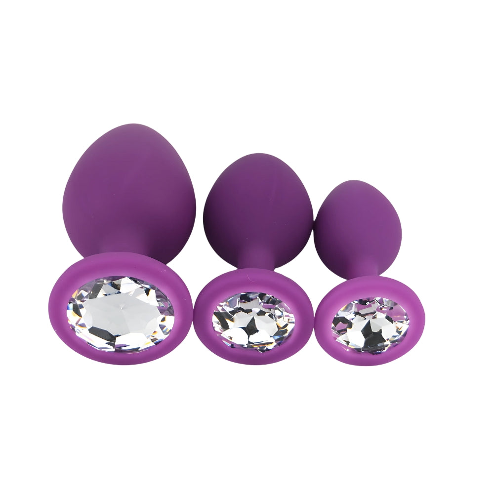 Toosh Silicone Butt Plug Set of 3 (Purple Clear Stone) – Small 2.9", Medium 3.2", Large 3.7" Smooth Surface Butt Plugs > Anal Range > Jewel Butt Plugs