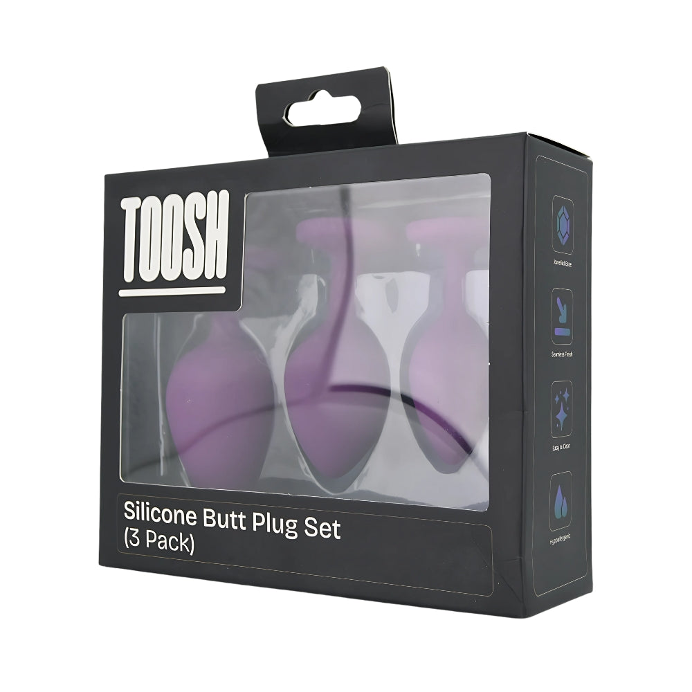 Toosh Silicone Butt Plug Set of 3 (Purple Clear Stone) – Small 2.9", Medium 3.2", Large 3.7" Smooth Surface Butt Plugs > Anal Range > Jewel Butt Plugs