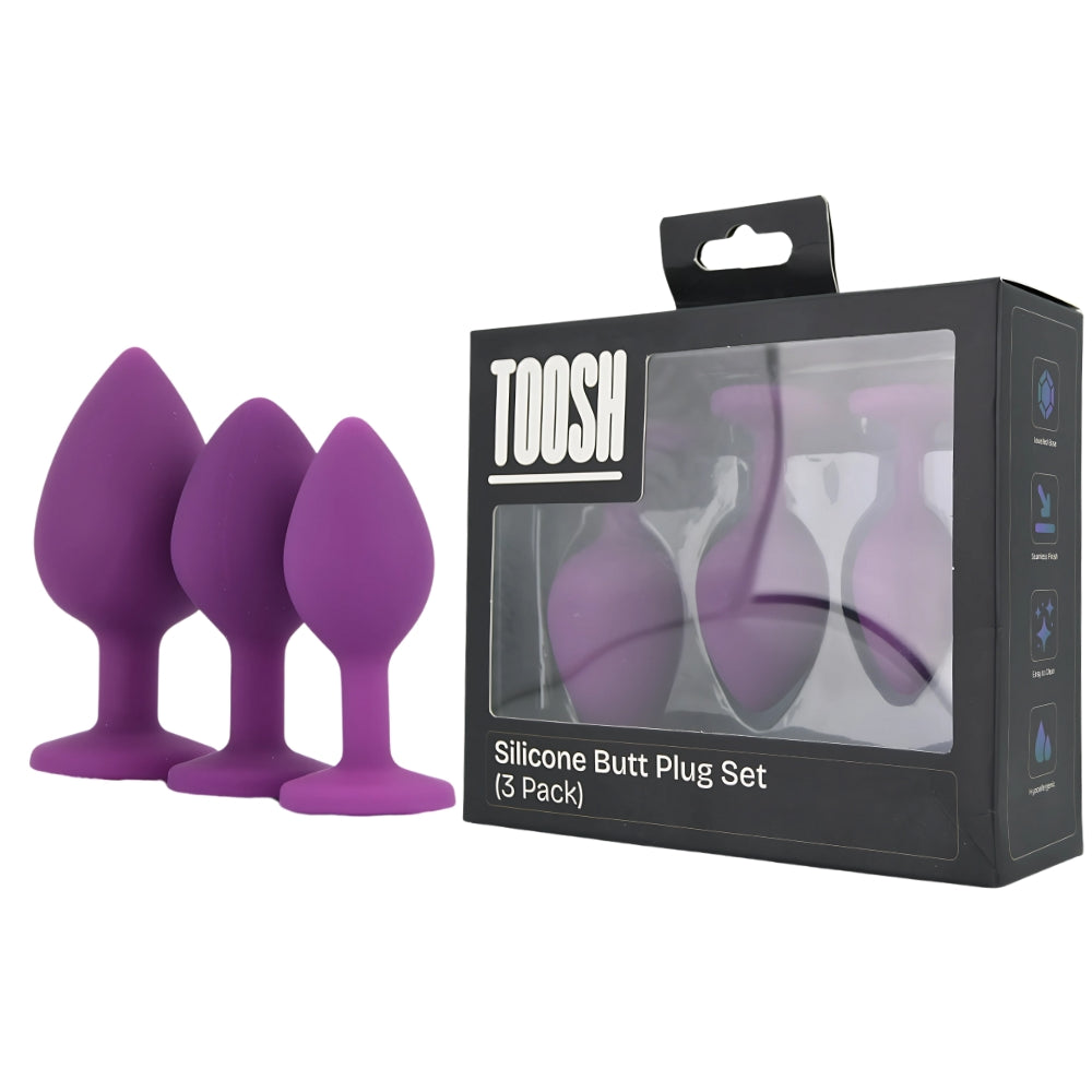 Toosh Silicone Butt Plug Set of 3 (Purple Clear Stone) – Small 2.9", Medium 3.2", Large 3.7" Smooth Surface Butt Plugs > Anal Range > Jewel Butt Plugs