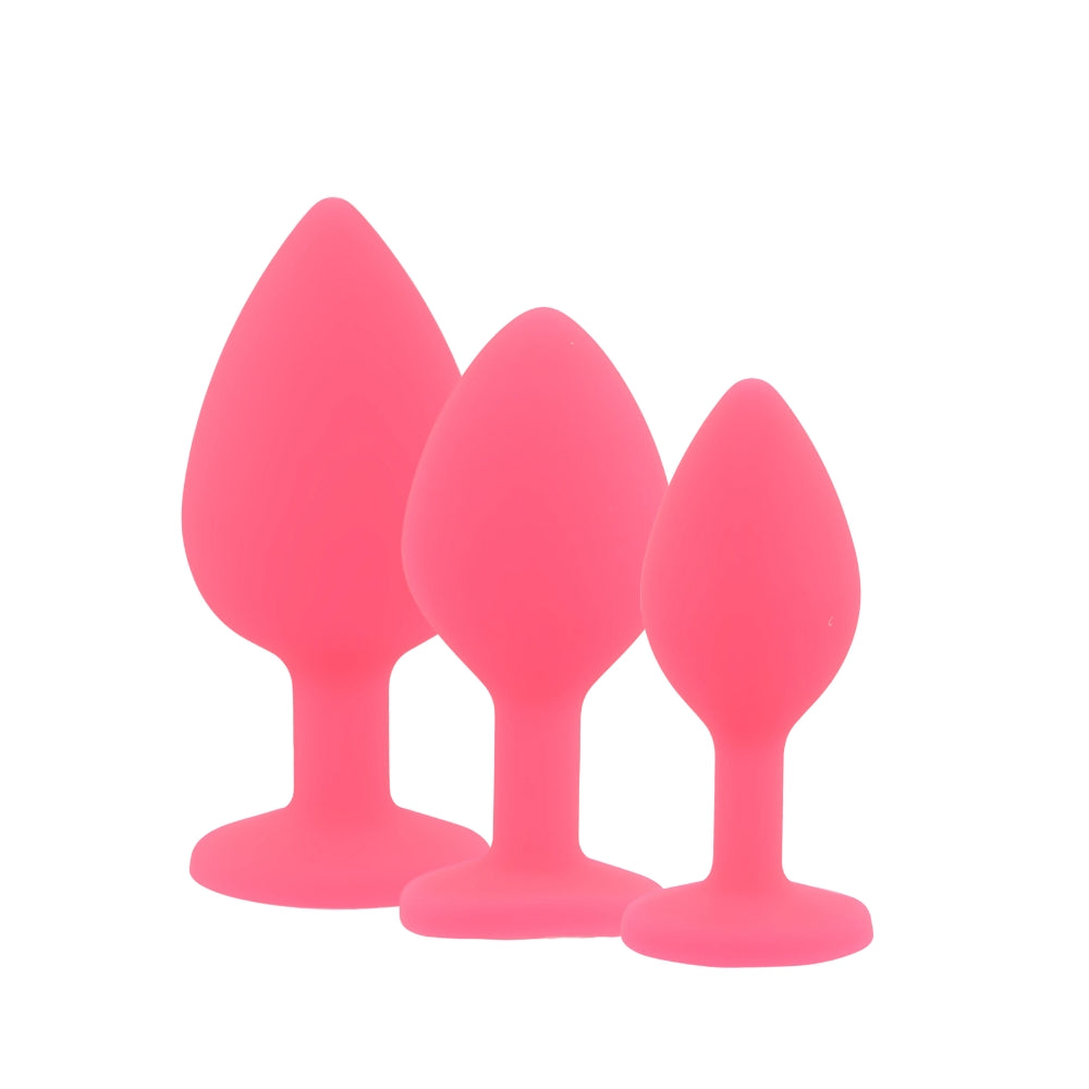 Toosh Silicone Butt Plug Set of 3 (Pink Clear Stone) – Small 2.9", Medium 3.2", Large 3.7" Jewelled Base Silicone Butt Plugs > Anal Range > Jewel Butt Plugs