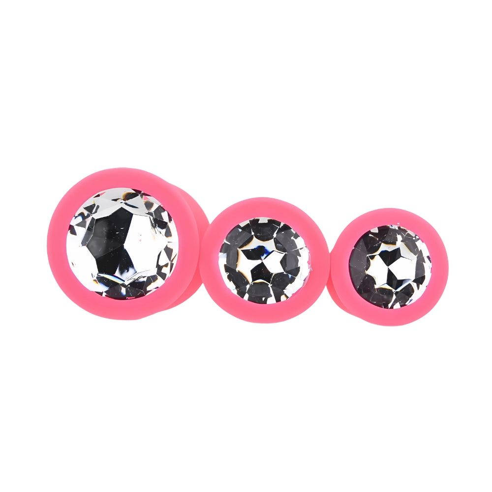 Toosh Silicone Butt Plug Set of 3 (Pink Clear Stone) – Small 2.9", Medium 3.2", Large 3.7" Jewelled Base Silicone Butt Plugs > Anal Range > Jewel Butt Plugs